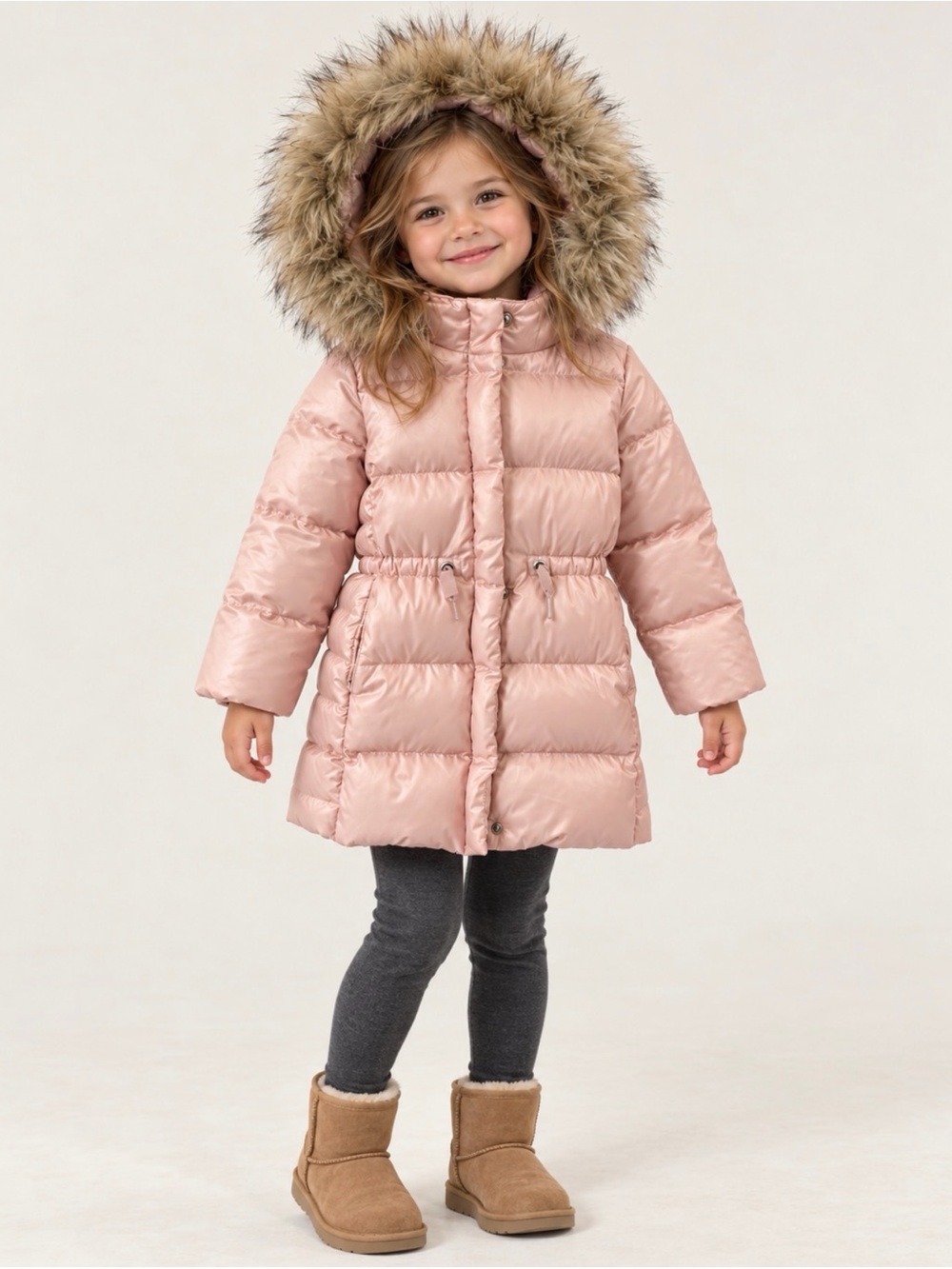 GAP Kids Shiny Light Pink Puffer Coat with Faux Fur Hood